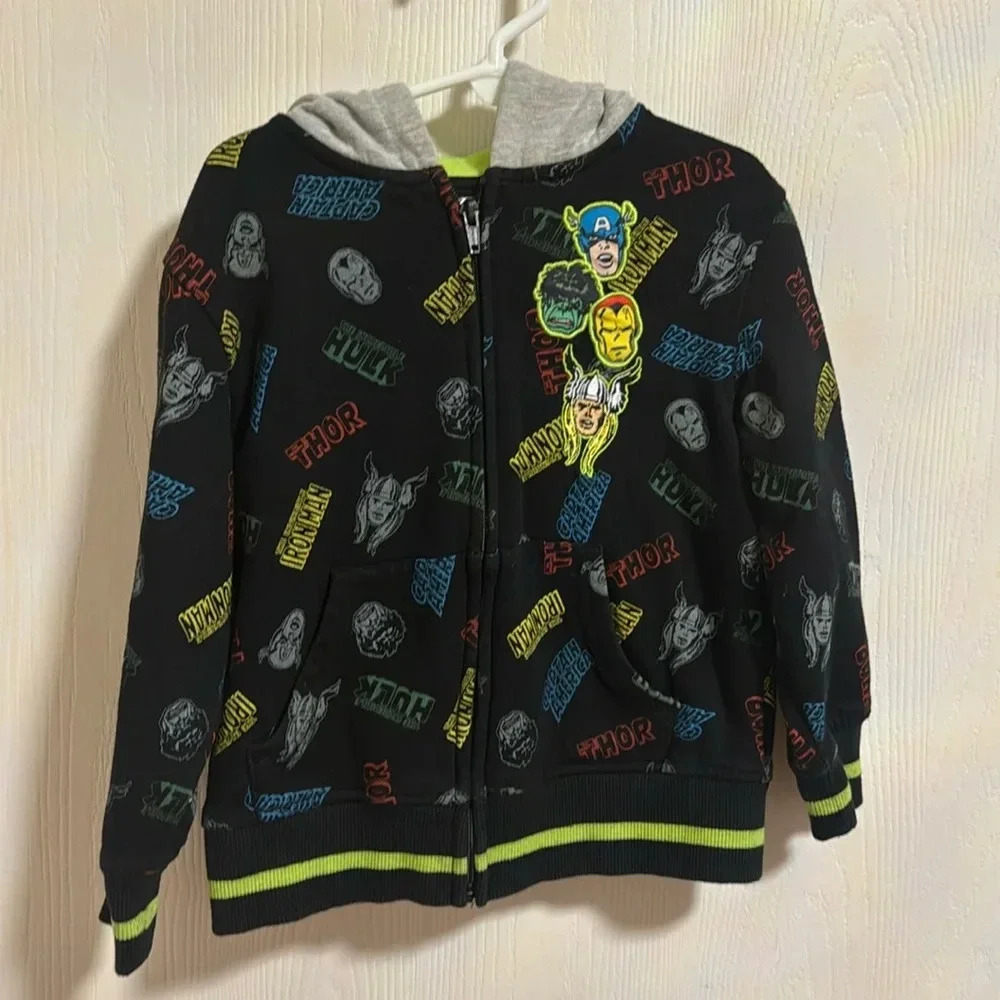 Marvel Boys Super Hero Zip Up Hoodie Size 5 MARVEL on top of hood Thor Ironman‎